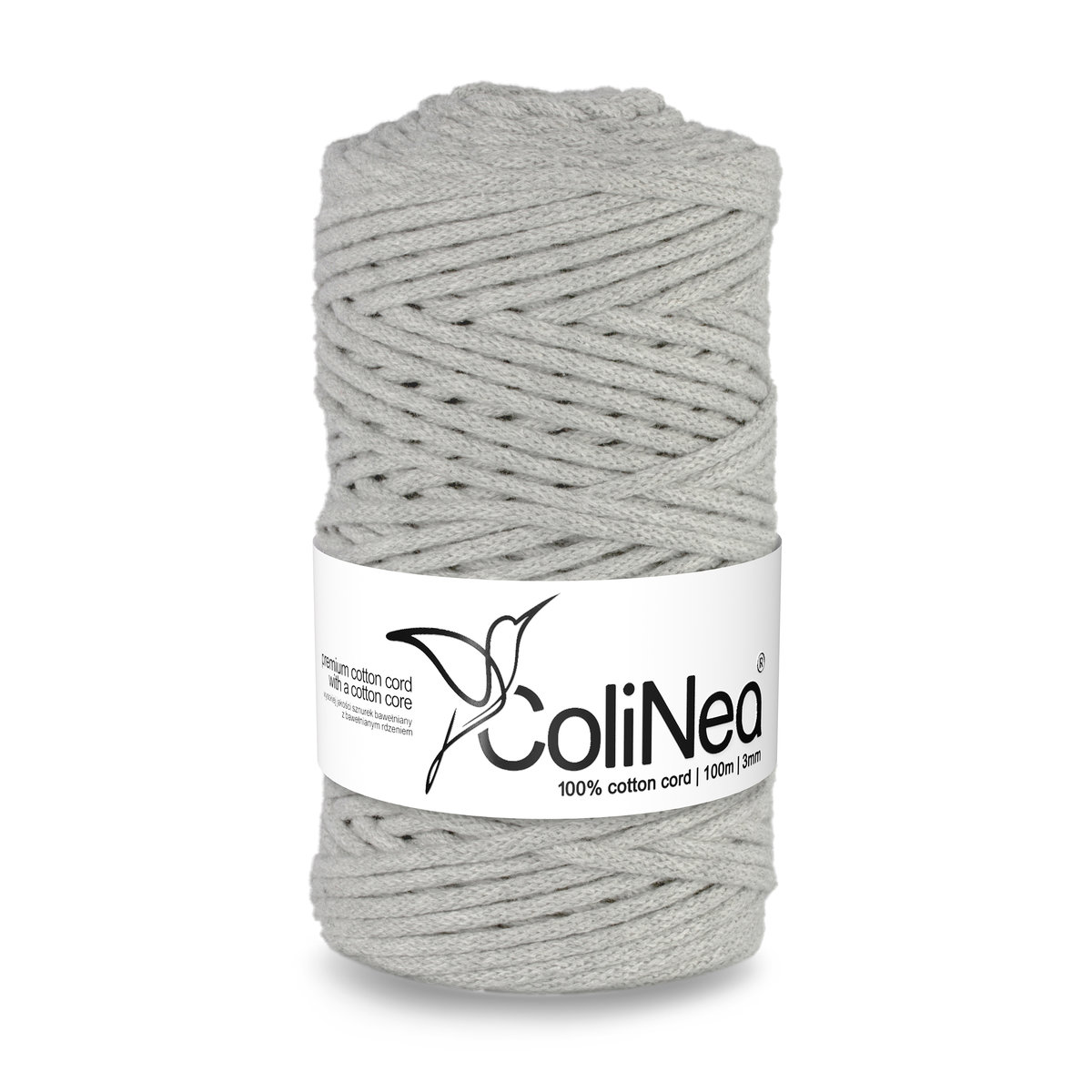 ColiNea/Sznurek bawełniany z bawełnianym rdzeniem, pleciony, 3mm, 100m, jasny szary