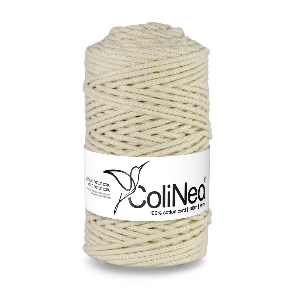 ColiNea/Sznurek bawełniany z bawełnianym rdzeniem, pleciony, 3mm, 100m, kość słoniowa