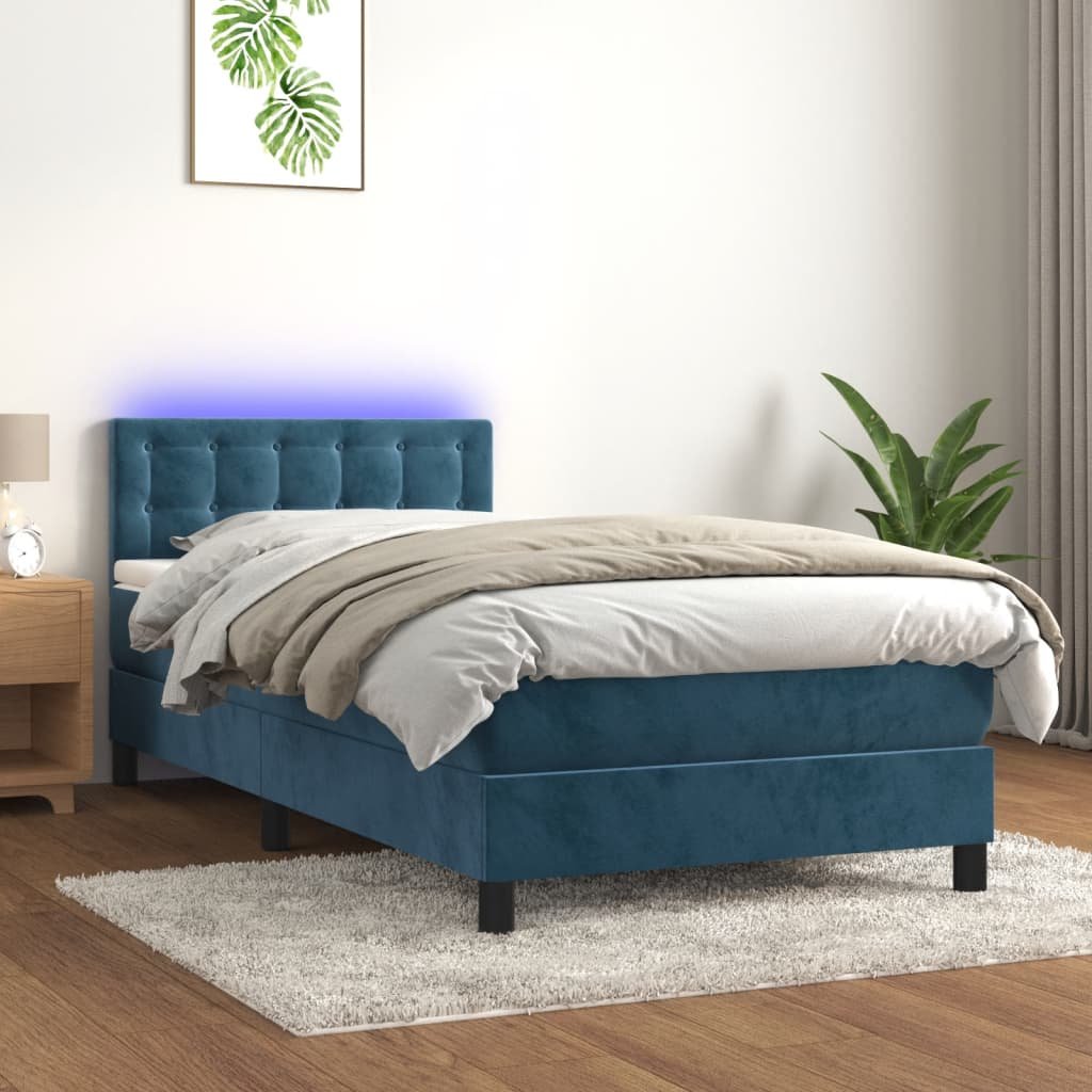 vidaXL Łóżko kontynentalne, materac i LED, niebieski aksamit 90x190 cm