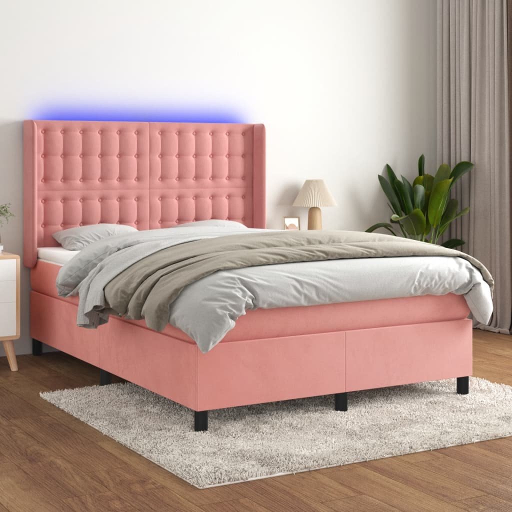 vidaXL Łóżko kontynentalne z materacem i LED, różowy aksamit 140x190cm