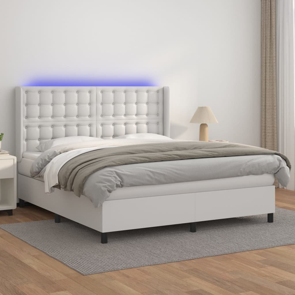 Lumarko Łóżko kontynentalne z materacem i LED, biała ekoskóra 160x200cm