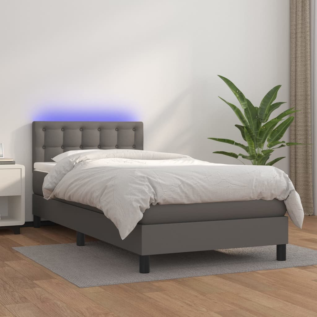 Lumarko Łóżko kontynentalne z materacem i LED, szara ekoskóra 90x200 cm