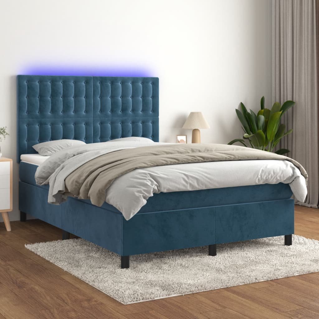 Lumarko Łóżko kontynentalne  materac i LED  niebieski aksamit 140x190cm