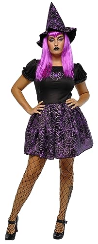 Rubies Kostium Czarownica Spiderweb Glow In Dark dla kobiet, Sukienka i kapelusz, Różowy, Oficjalna Halloween, Karnawał, Imprezy i Cospplay
