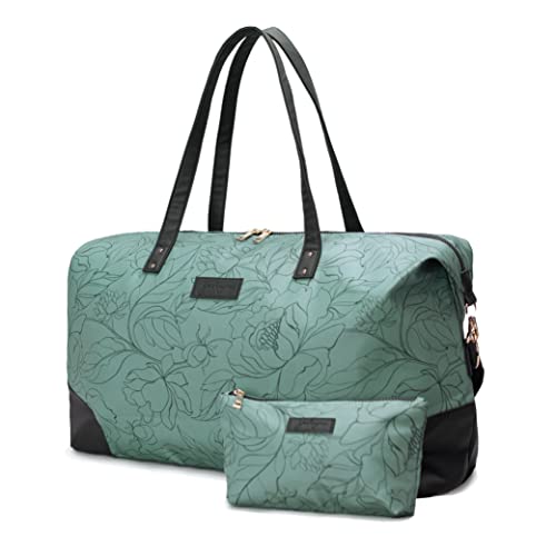 Jadyn B Luna Duffel torba podróżna lub sportowa, 54 cm - 37 l, w zestawie kosmetyczka na zamek błyskawiczny, Flora szałwii, Miękka torba sportowa z wegańskimi skórzanymi akcentami