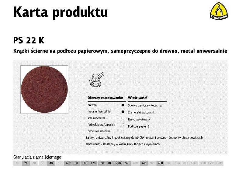 Klingspor Papier ścierny PS 22 K bez otworów 2296