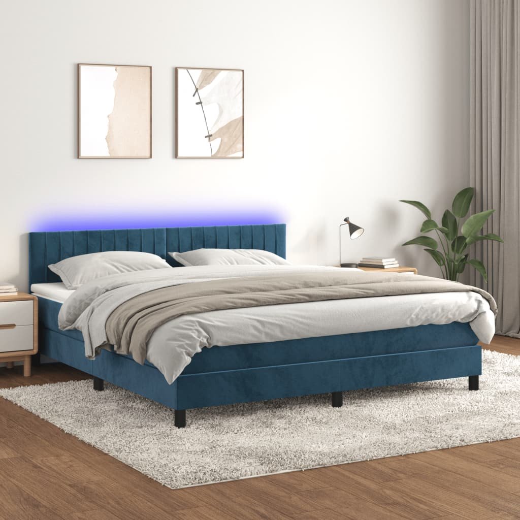 vidaXL Łóżko kontynentalne, materac i LED, niebieski aksamit 180x200cm