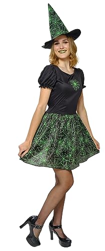 Rubies Kostium Czarownica Spiderweb Glow In Dark dla kobiet, Sukienka i kapelusz, Zielony, Oficjalna Halloween, Karnawał, Imprezy i Cospplay