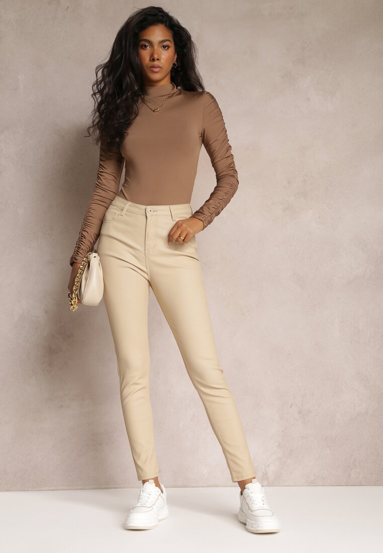 Beżowe Casualowe Spodnie Skinny o Modelującym Fasonie Elovi