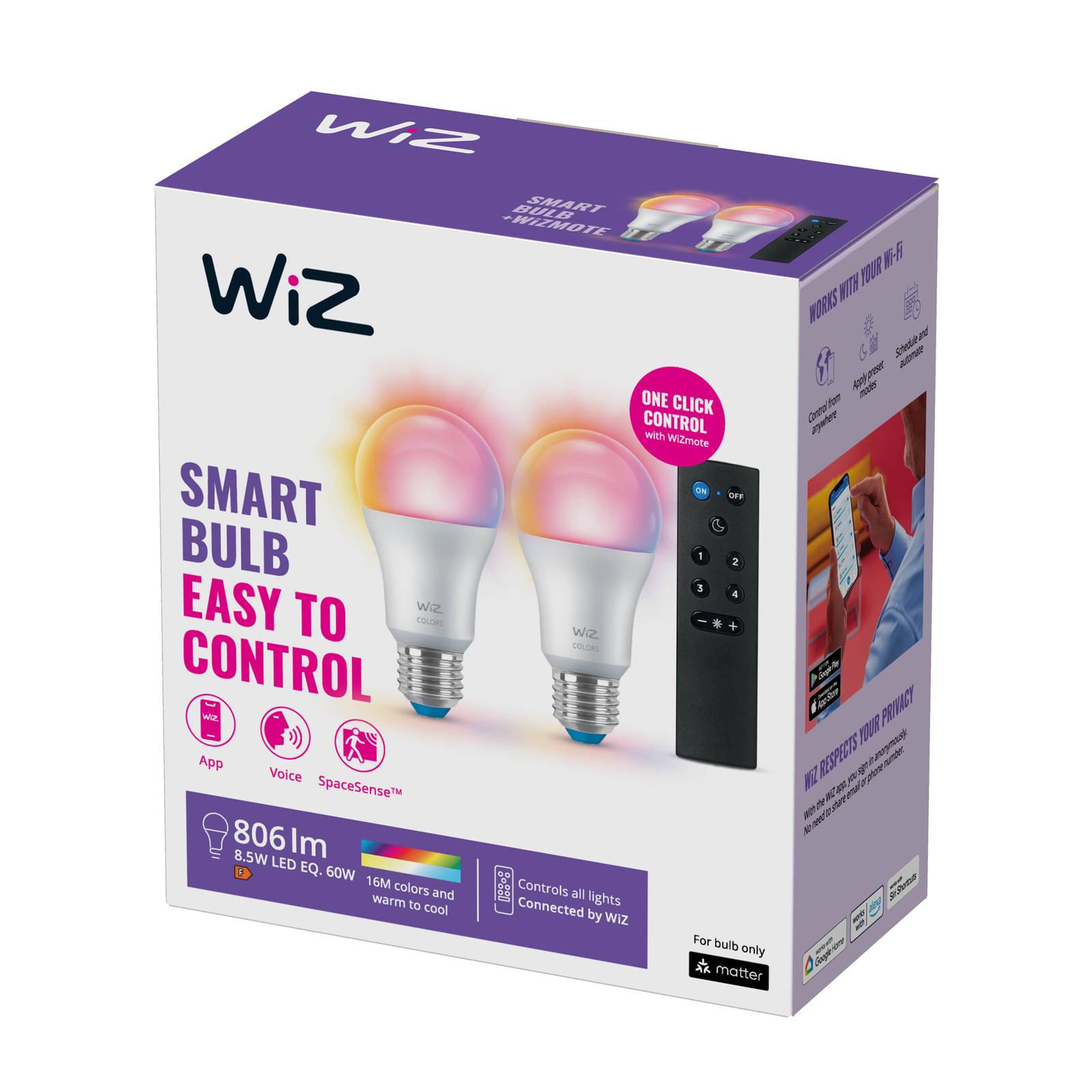 WiZ A60 LED mat WiFi E27 8,5W RGBW Pilot zestaw 2 szt