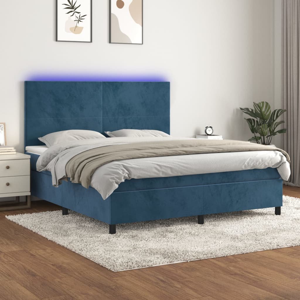 vidaXL Łóżko kontynentalne, materac i LED, niebieski aksamit 180x200cm