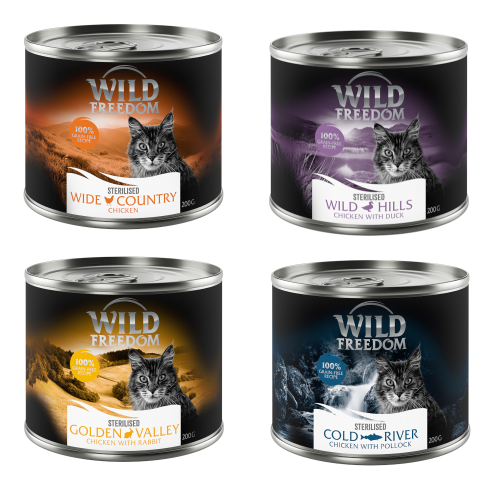 Wild Freedom Adult Sterilised, 6 x 200 g - bez zbóż - Pakiet mieszany (2xczysty kurczak, 2xkurczak & Sterilised, 1xkurczak i królik)