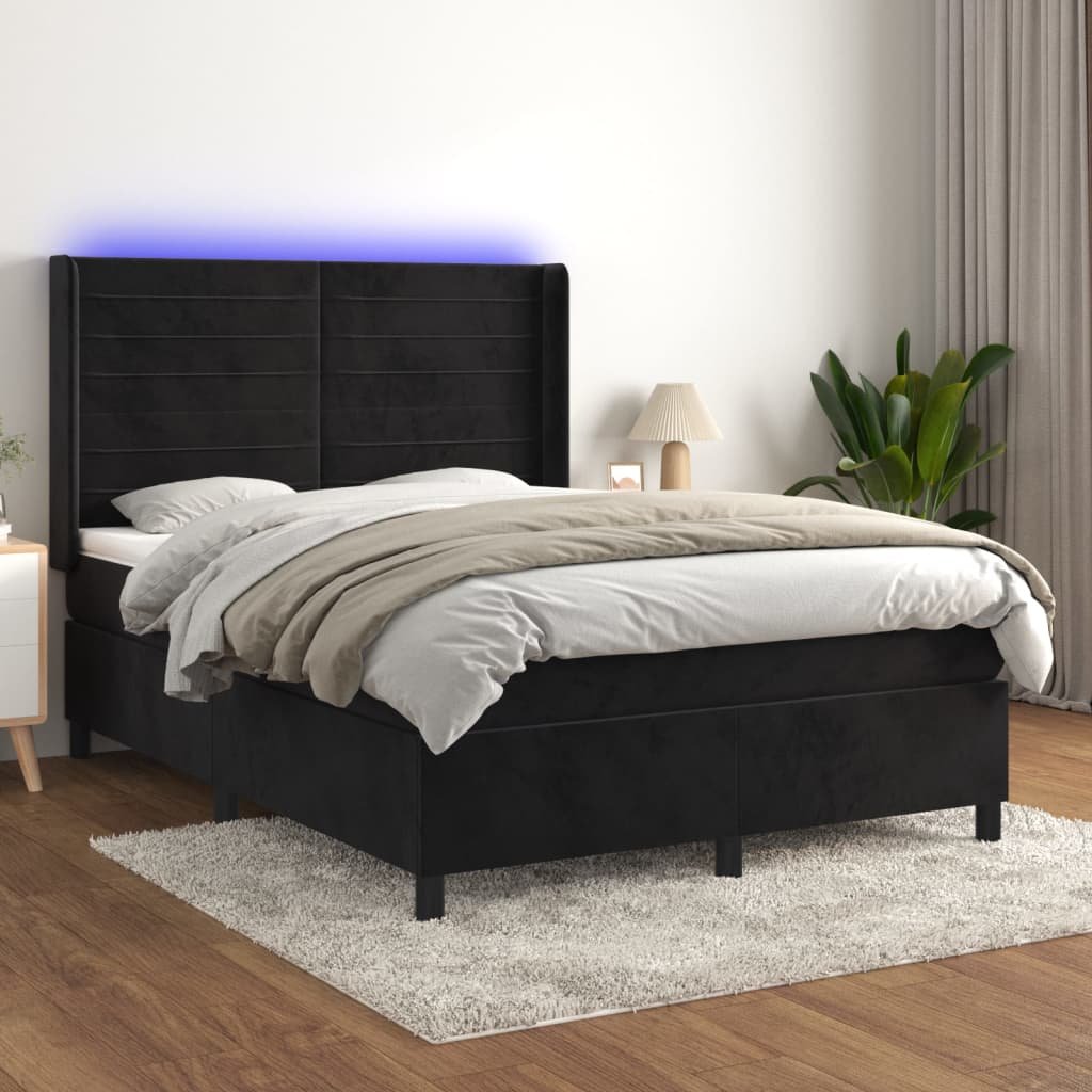 vidaXL Łóżko kontynentalne z materacem i LED, czarny aksamit 140x190cm