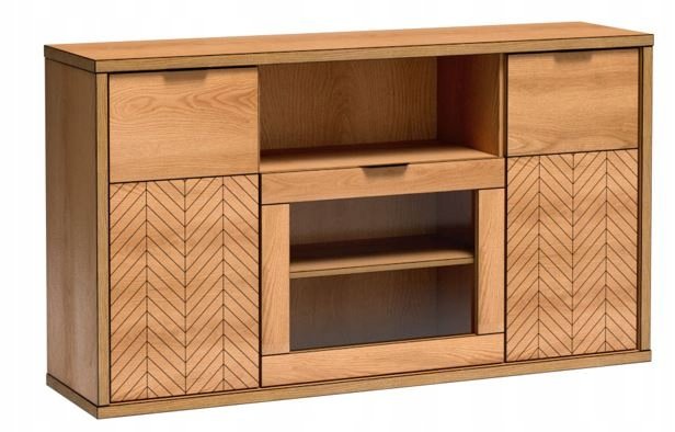 Dąb KARMEL Komoda 158 cm Witryna Duża Półka Drzwi Szkło WZÓR JODEŁKA