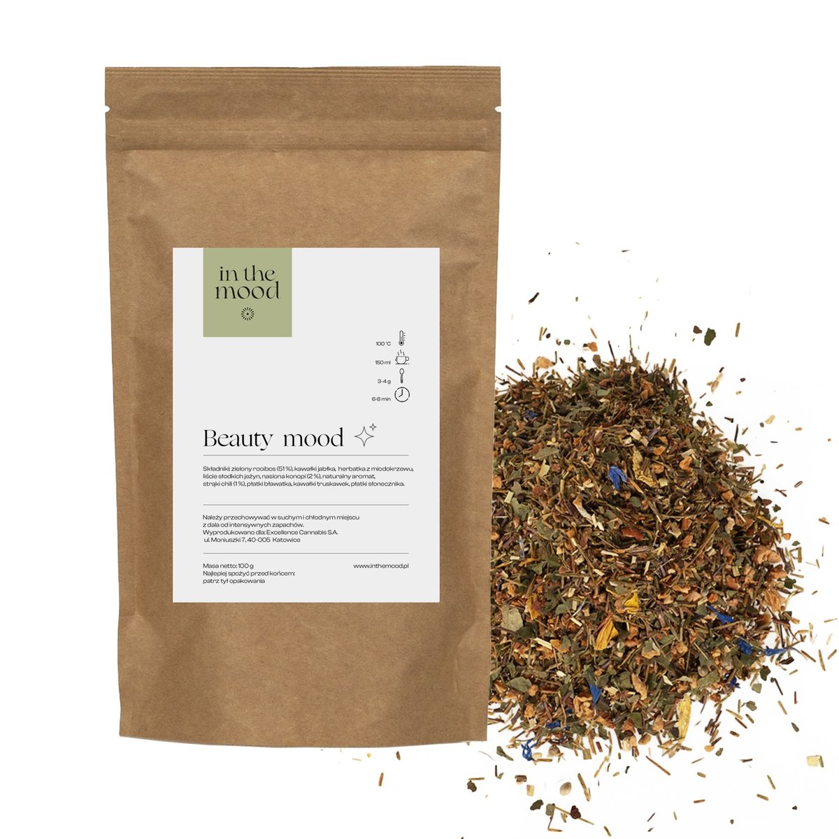 Herbata Rooibos Beauty Mood - truskawka, nasiona konopi & chili - 100 g/inthemood