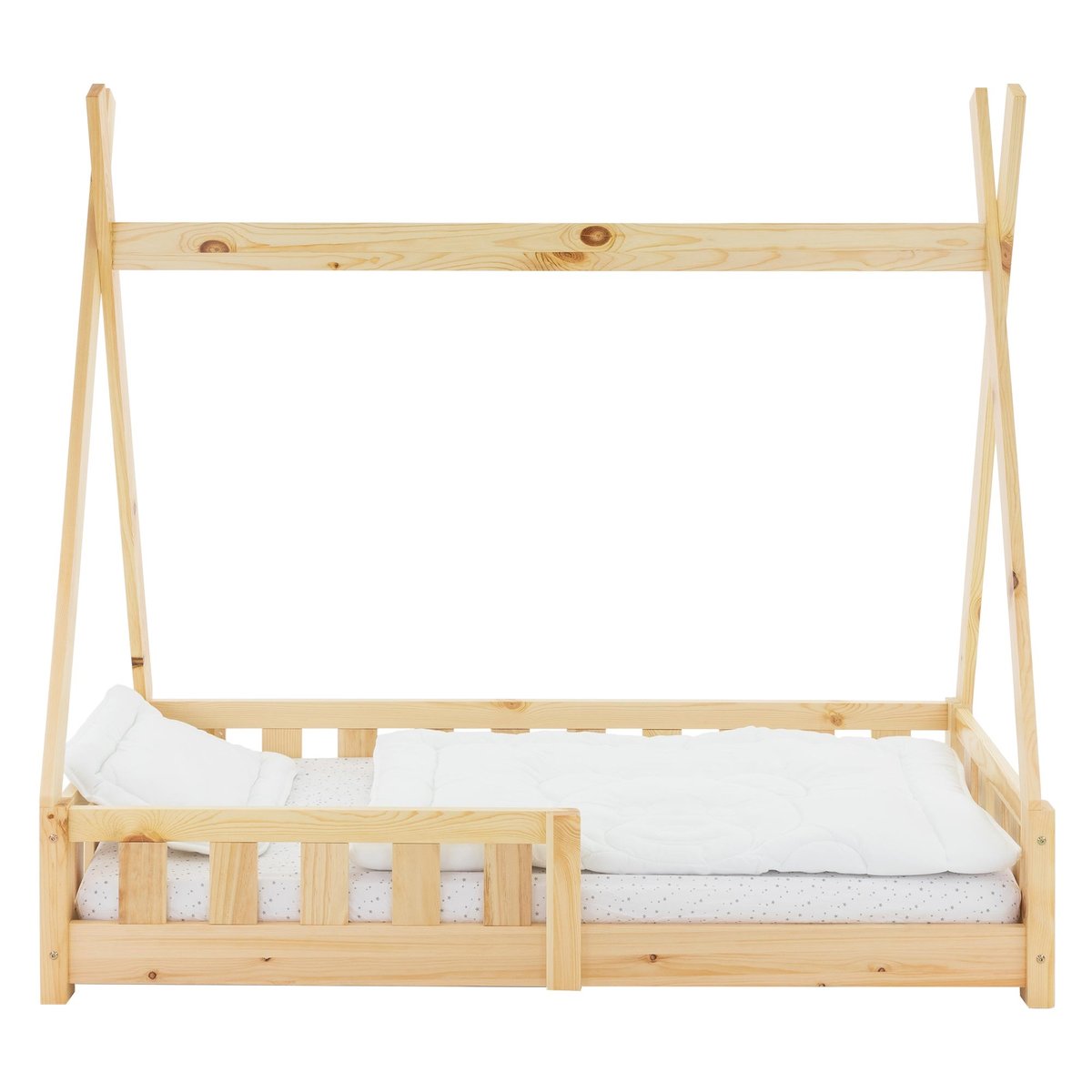 Łóżko dziecięce z zabezpieczeniem przed upadkiem i ramą z listew z materacem 70x140 cm naturalne drewno sosnowe ML design