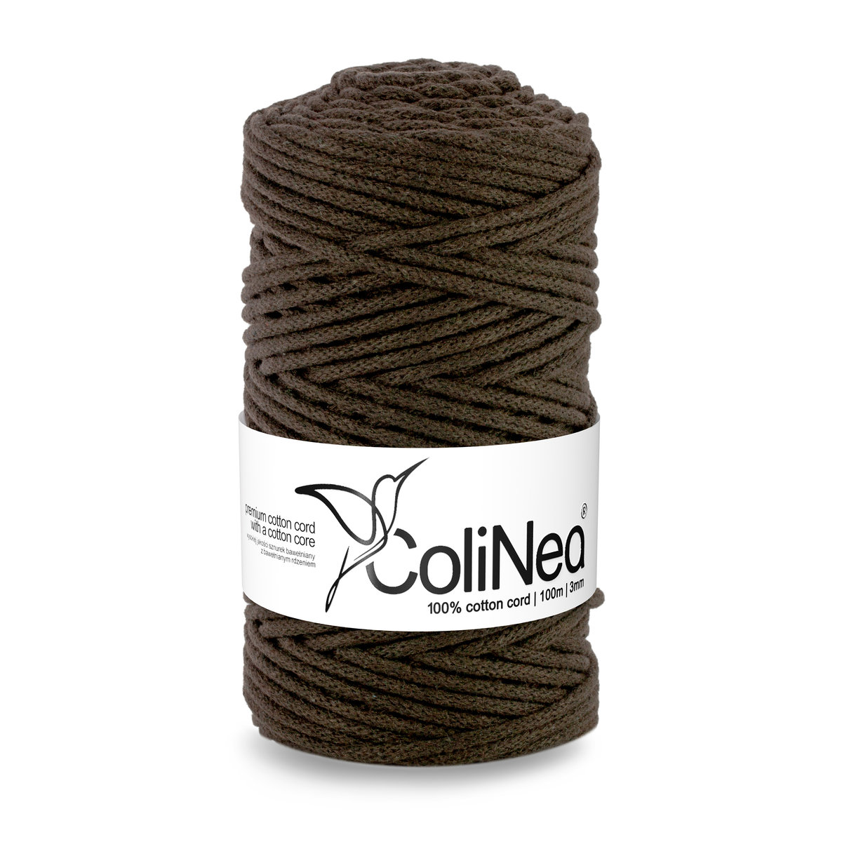 ColiNea/Sznurek bawełniany z bawełnianym rdzeniem, pleciony, 3mm, 100m, ciemny brązowy