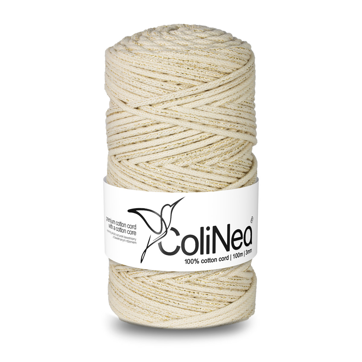 ColiNea/Sznurek bawełniany z bawełnianym rdzeniem, pleciony, 3mm, 100m, kość słoniowa + złota nić