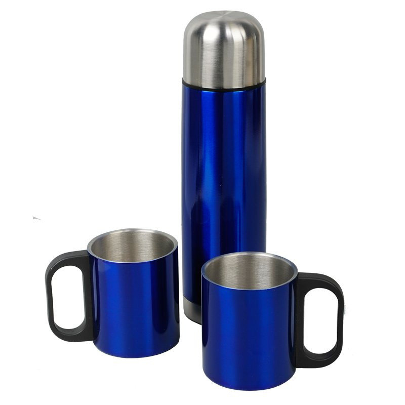 Metalowy termos Picnic 480 ml + 2 kubki, niebieski/srebrny - druga jakość