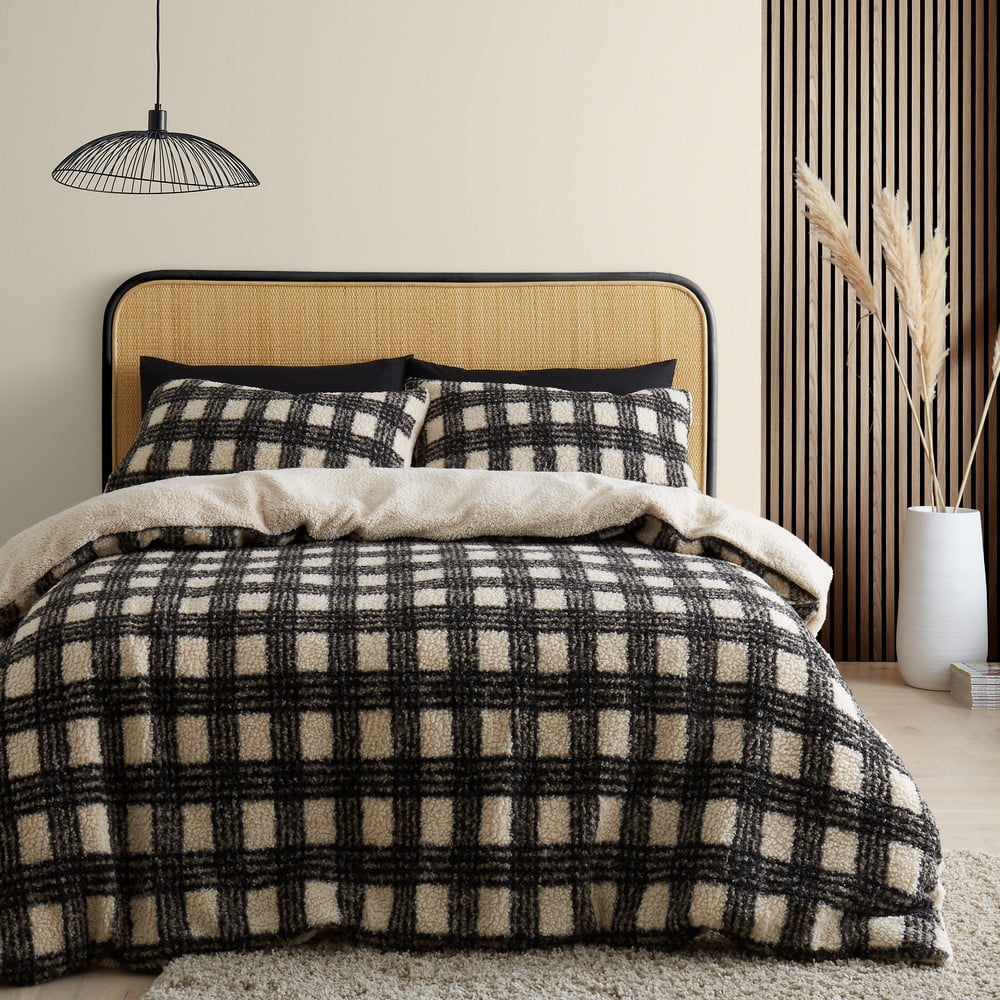 Czarno-kremowa pościel dwuosobowa z mikropluszu 200x200 cm Cosy Borg Sherpa – Catherine Lansfield