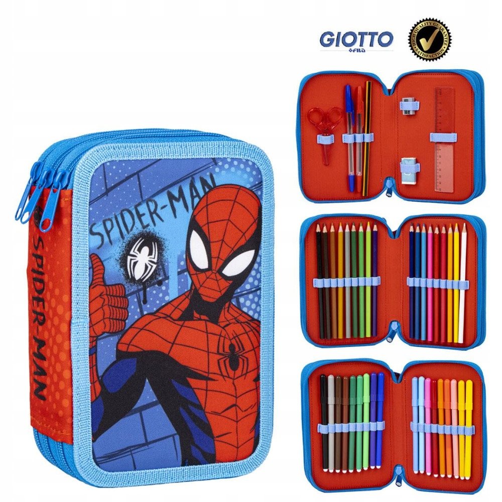 Piórnik z wyposażeniem trzykomorowy dla chłopca, GIOTTO, Spider-Man, niebieski