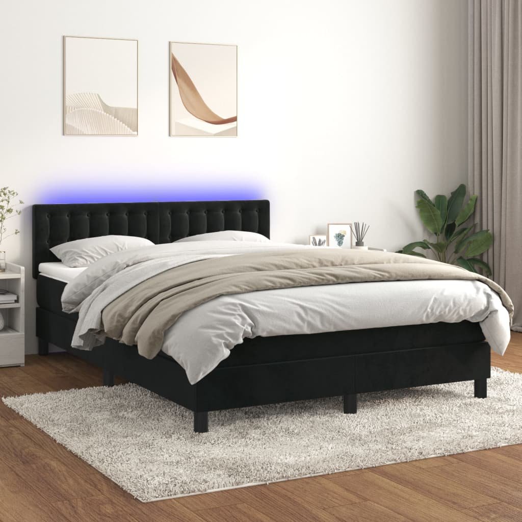 vidaXL Łóżko kontynentalne z materacem i LED, czarny aksamit 140x190cm