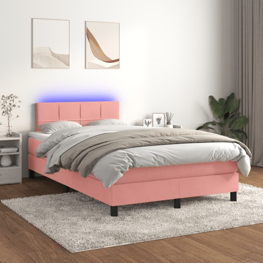 Lumarko Łóżko kontynentalne z materacem i LED, różowy aksamit 120x200cm