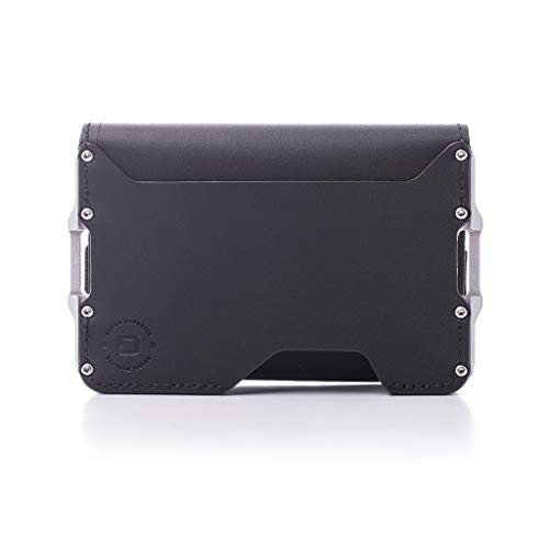 Dango D03 Dapper Bifold EDC portfel - wyprodukowany w USA - prawdziwa skóra, wąski, minimalistyczny, metalowy portfel blokujący RFID, czarny (Jet Black) / satynowy srebrny, wąski portfel męski