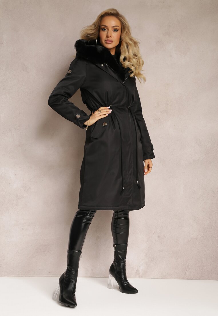 Czarna Długa Kurtka Parka Nylonowa z Futrzanymi Wstawkami Rinale