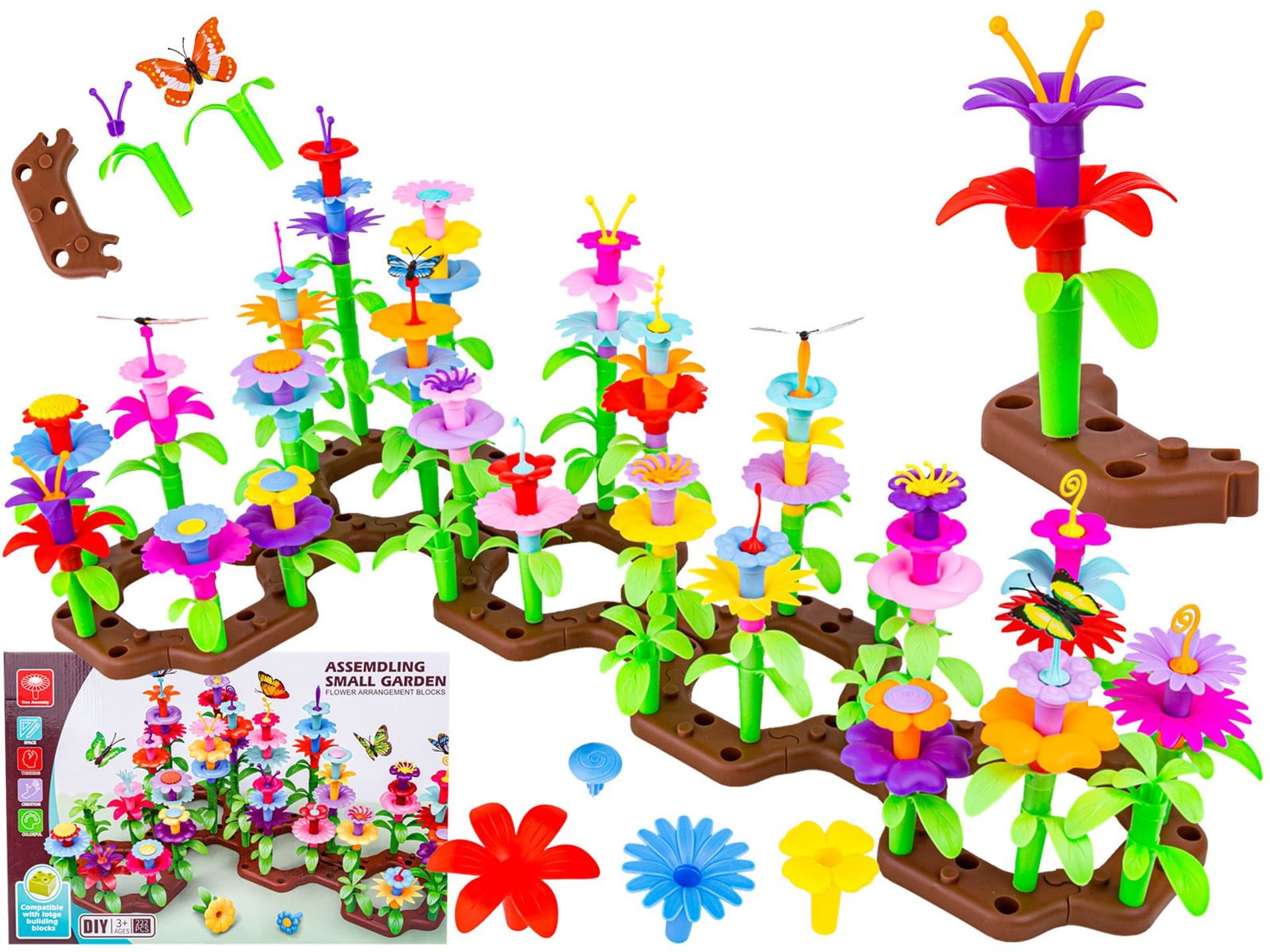 Klocki Konstrukcyjne 222 elementy, Zestaw Do Zbudowania Kwiatowej Kompozycji, Ogród + Kwiatki