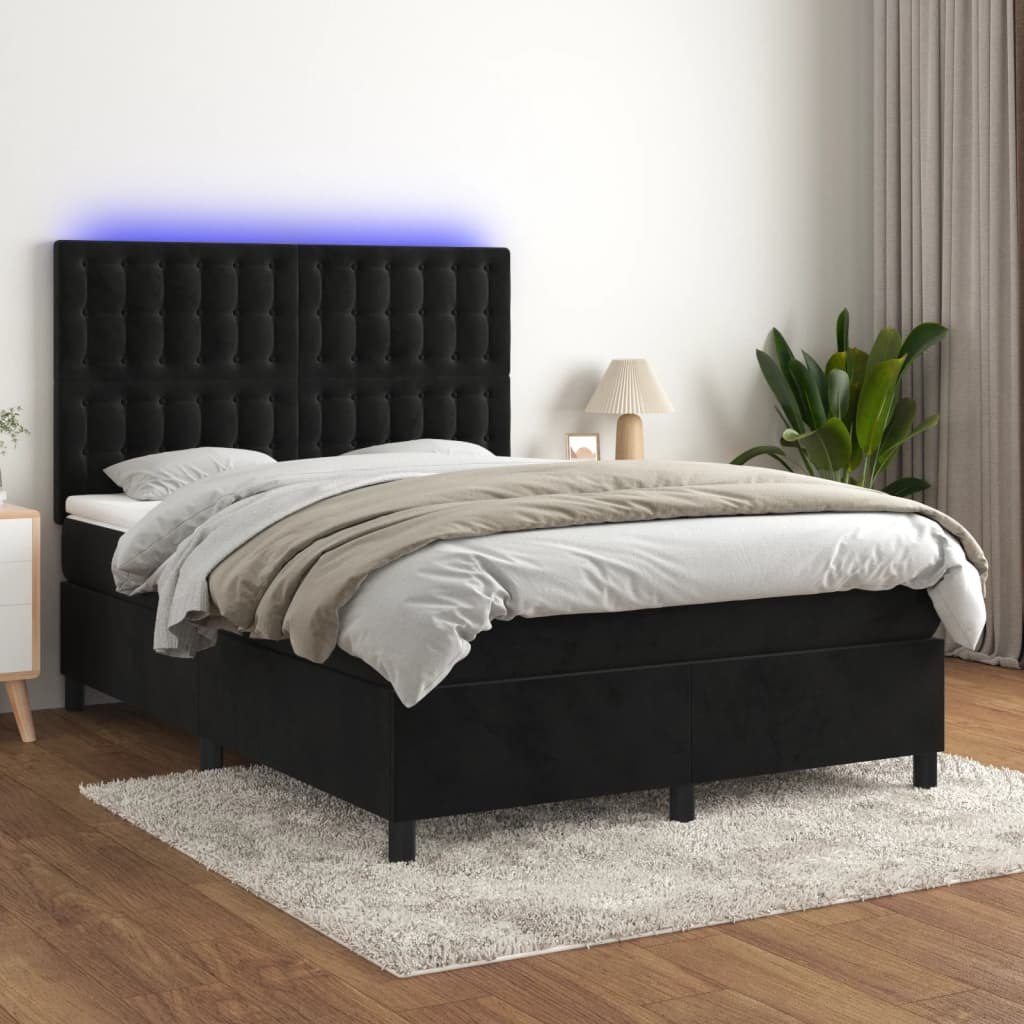 Łóżko kontynentalne z materacem i LED, czarny aksamit 140x190cm Lumarko!