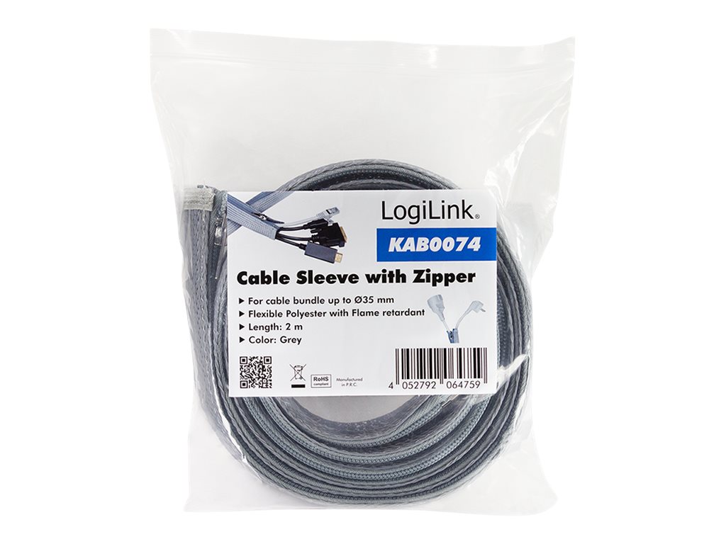 LOGILINK KAB0074 Cable sleeve with zipper Polyester Ø 50 mm grey 2m
