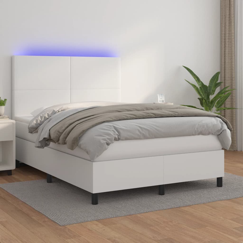 Lumarko Łóżko kontynentalne z materacem i LED  biała ekoskóra 140x200cm