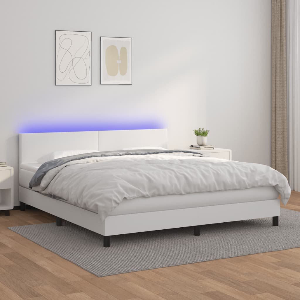 Lumarko Łóżko kontynentalne z materacem i LED, biała ekoskóra 160x200cm