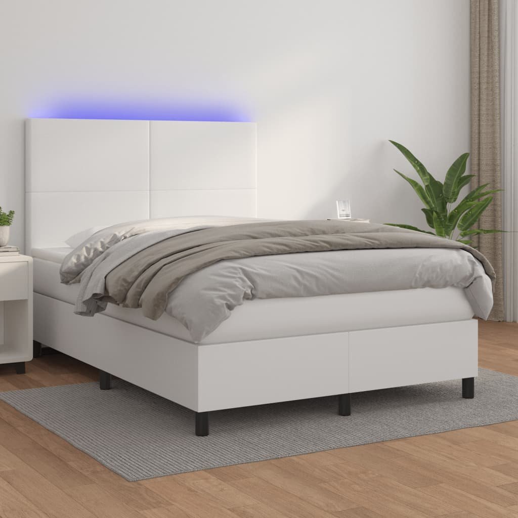 Lumarko Łóżko kontynentalne z materacem i LED  biała ekoskóra 140x190cm