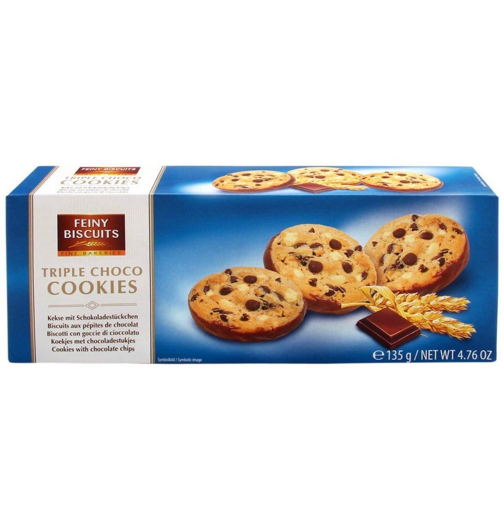 Feiny Biscuits Triple Choco Ciastka z Kawałkami Czekolady Mlecznej, Białej i Gorzkiej 135 g