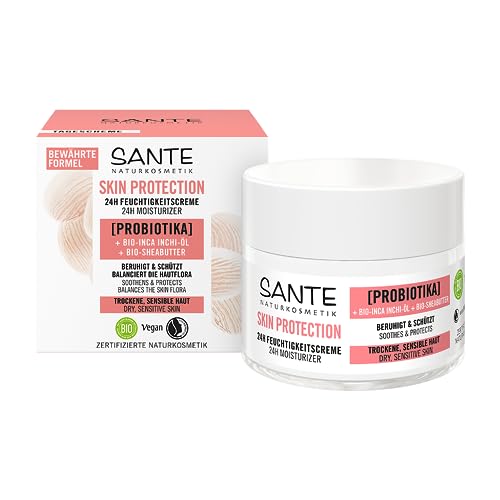 SANTE Naturkosmetik Skin Protection 24h krem nawilżający z probiotykami, olejkiem bio Inca Inchi i bio, odżywczy krem na dzień, wegański krem dla gładkiej i gładkiej skóry, 50 ml