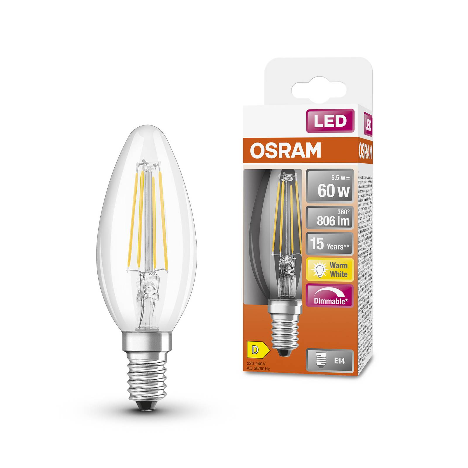 OSRAM Classic świeca LED E14 5,5W 827 filament