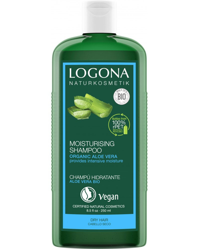 Logona Naturkosmetik nawilżający szampon z bio aloe vera, do włosów zniszczonych, chroni przed przesuszeniem, z bio ekstraktami, 250 ml 184