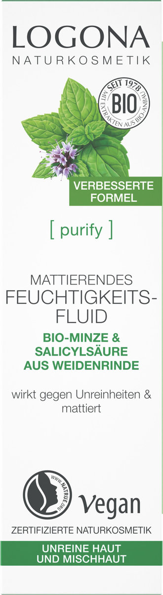 LOGONA Naturkosmetik LOGONA Naturkosmetyk PURIFY matujący płyn nawilżający bio-mięta i kwas salicylowy z kory wierzby, 30 ml