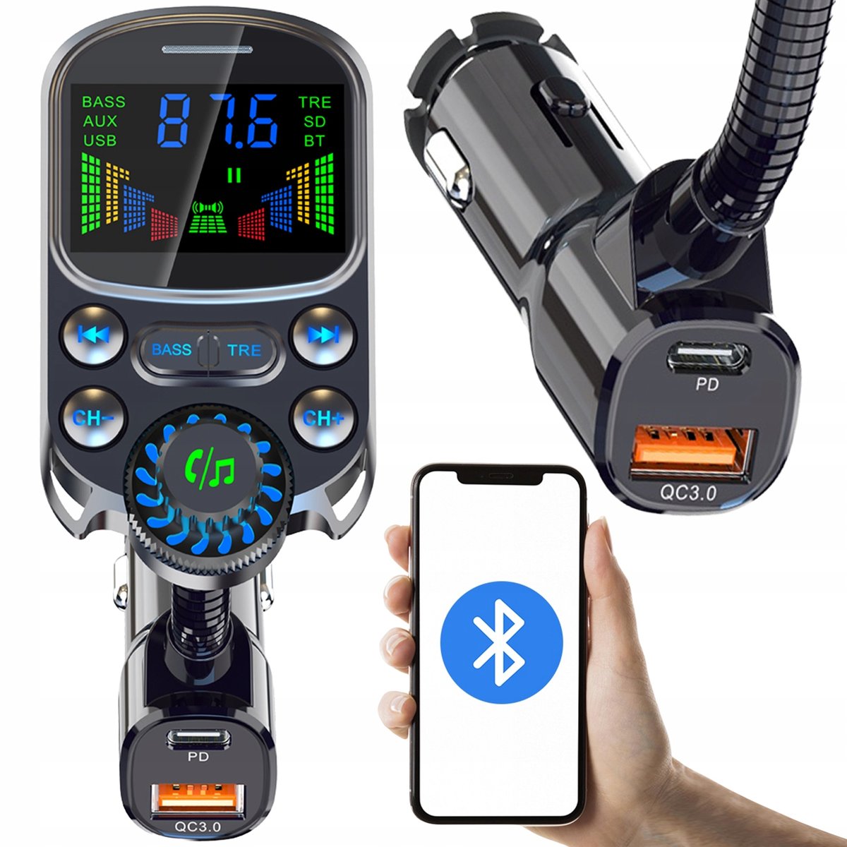 Transmiter Fm Bluetooth Ładowarka Mp3 Qc 3Xusb 23W Bc86