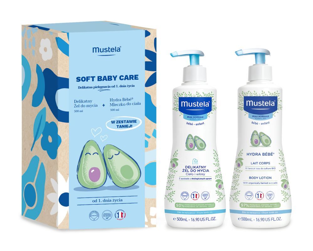 Mustela Zestaw Delikatny żel do mycia, 500 ml + Mleczko do ciała, 500 ml