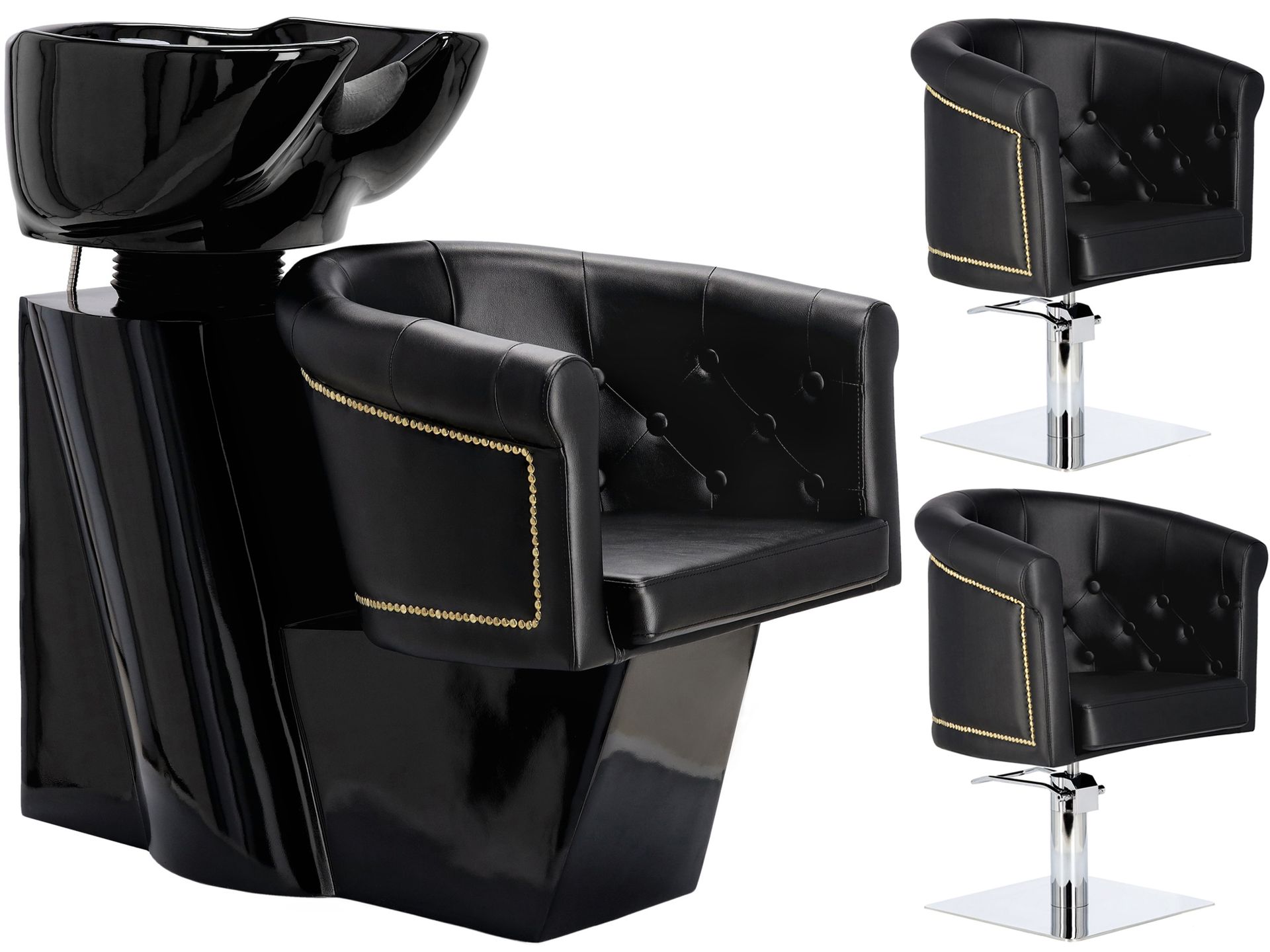 Zestaw czarny Bruno myjnia fryzjerska i 2 x fotel fryzjerski hydrauliczny obrotowy do salonu fryzjerskiego myjka ruchoma misa ceramiczna armatura bateria słuchawka