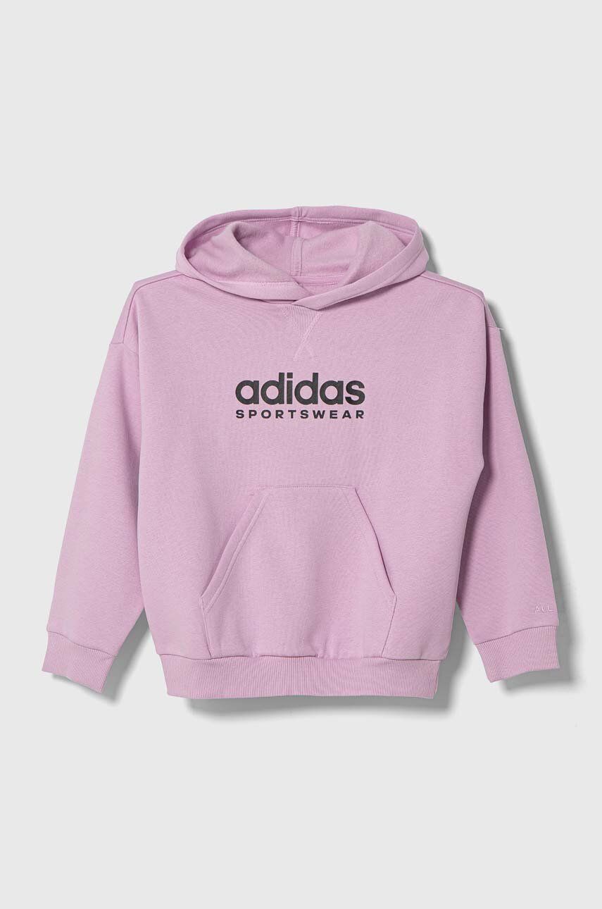 adidas bluza dziecięca kolor fioletowy z kapturem z nadrukiem