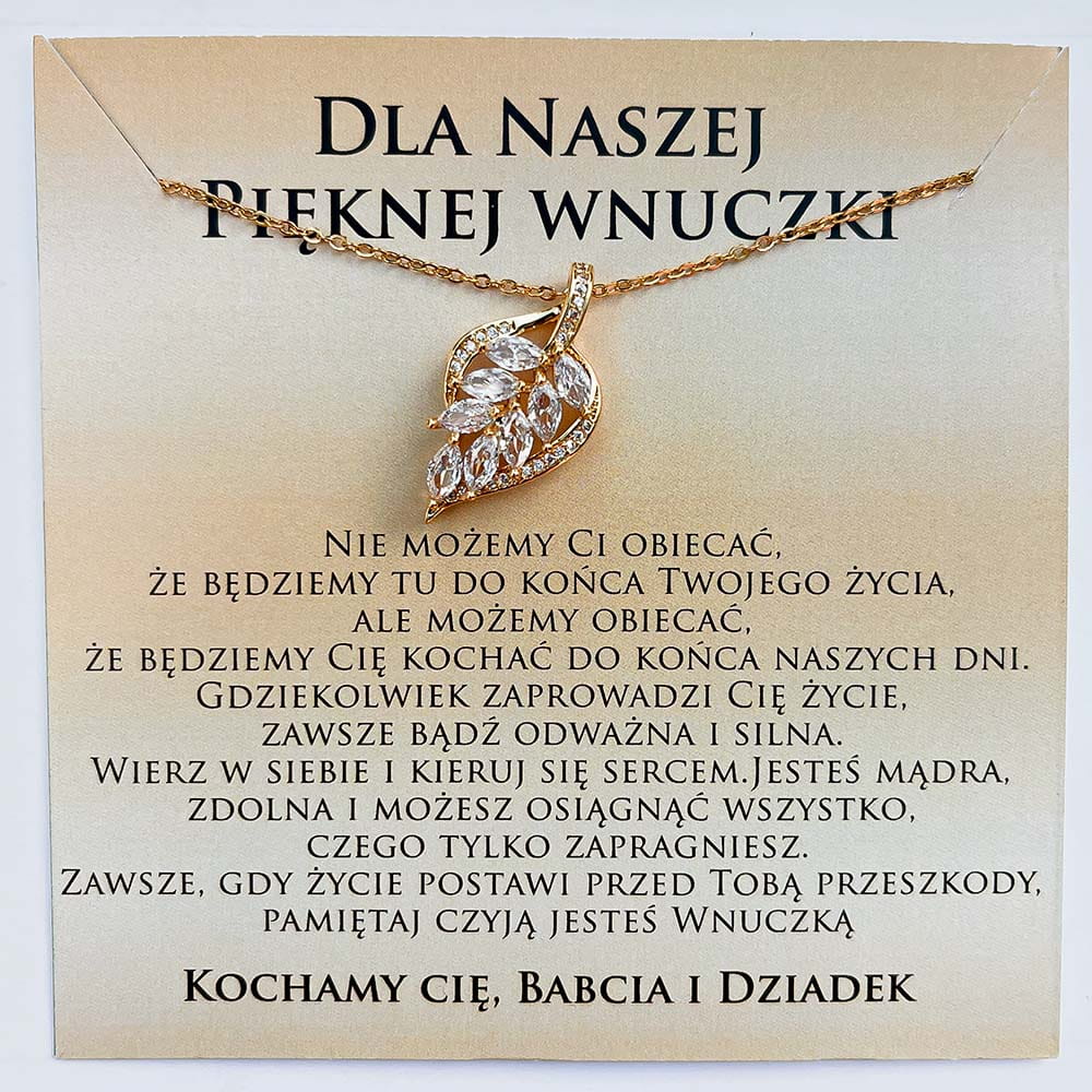 Naszyjnik złoty z dedykacją dla Wnuczki od Babci i Dziadka liść cyrkonie stal chirurgiczna