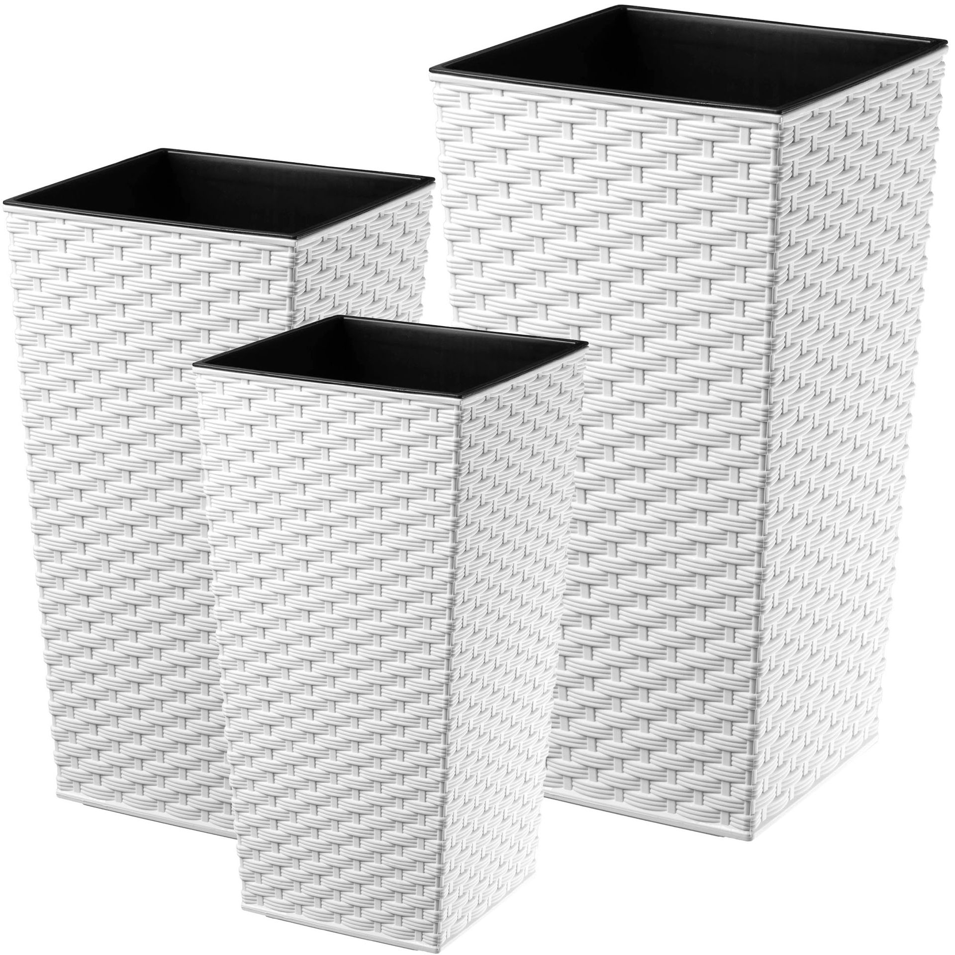Donice na kwiaty z wkładem Pesaro rattan 30 cm +35 cm + 40 cm, białe