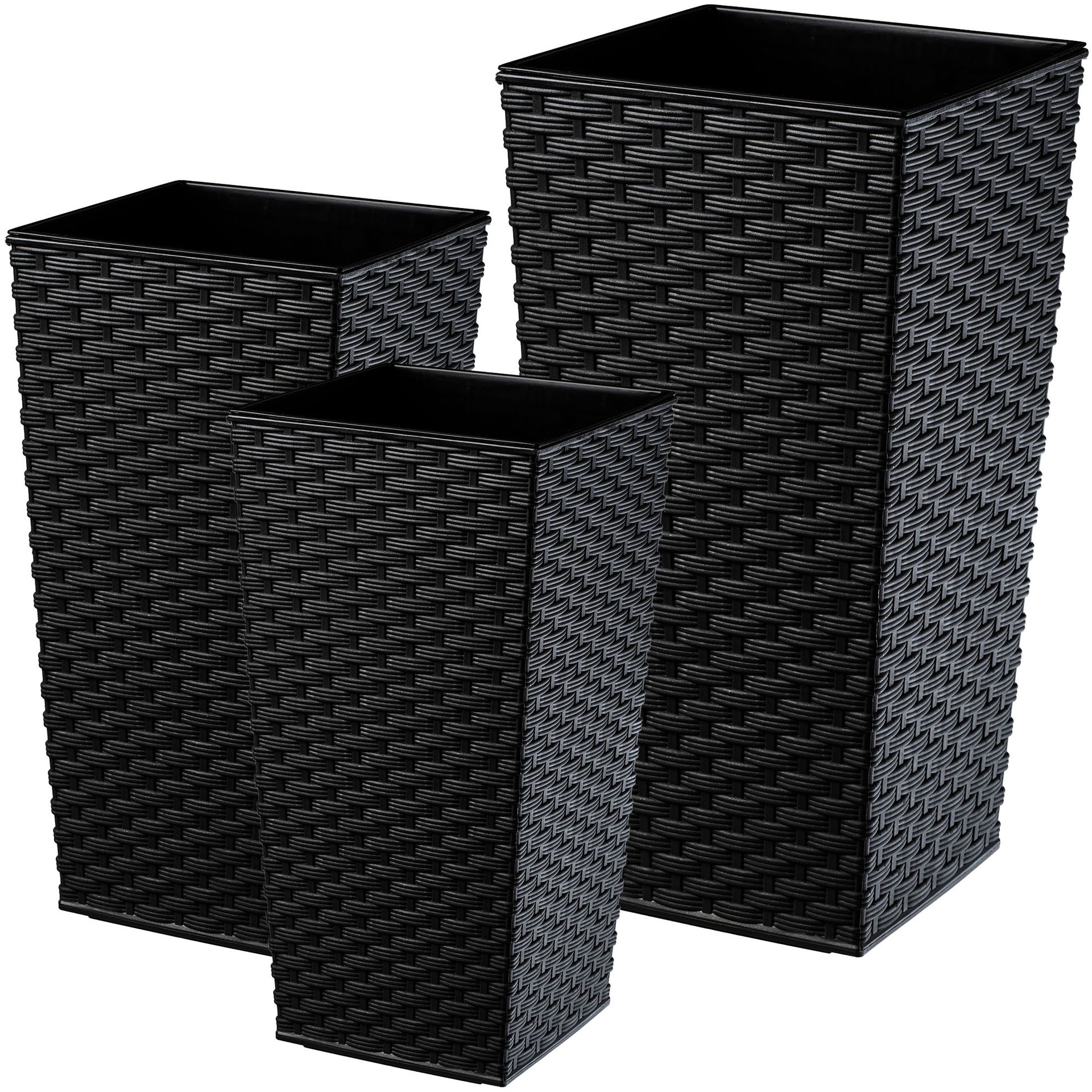 Donice na kwiaty z wkładem Pesaro rattan 25 cm + 30 cm + 35 cm, czarne