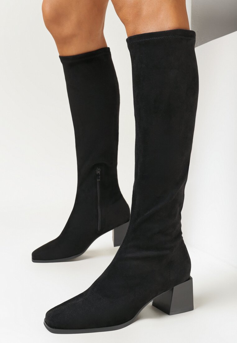 Czarne Kozaki na Obcasie Z Dopasowaną Cholewką Haimela