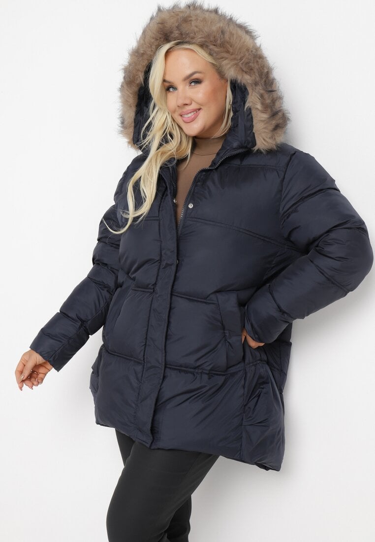 Granatowa Kurtka z Kapturem i Sztucznym Futerkiem Tsani