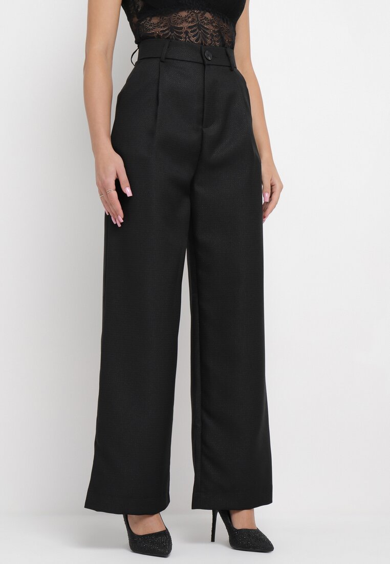 Czarne Spodnie z Wysokim Stanem i Szerokimi Nogawkami Ozdobione Metaliczną Nicią Calondra
